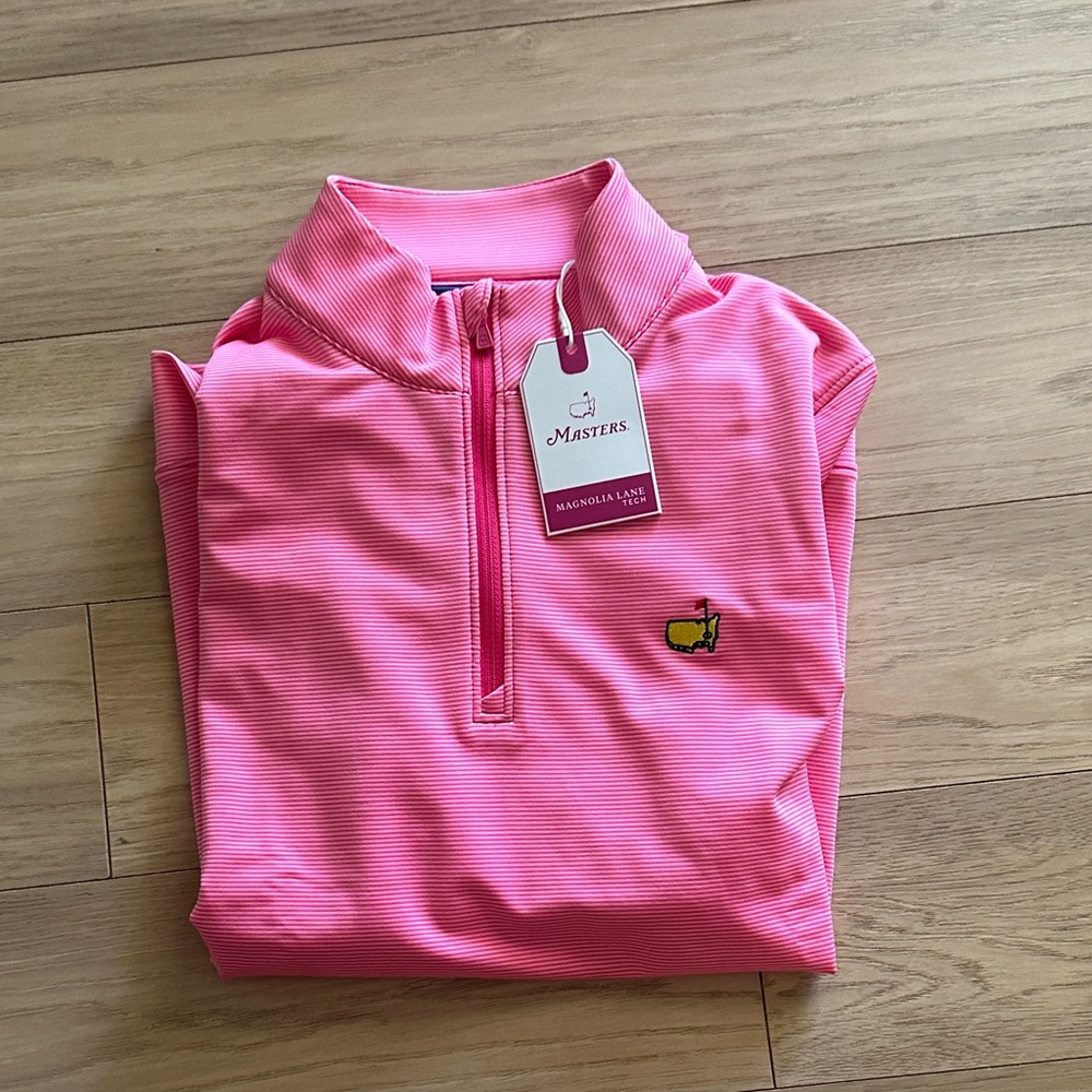 Magnolia Lane Pink Striped Quarter-Zip Pullover with Masters Logo